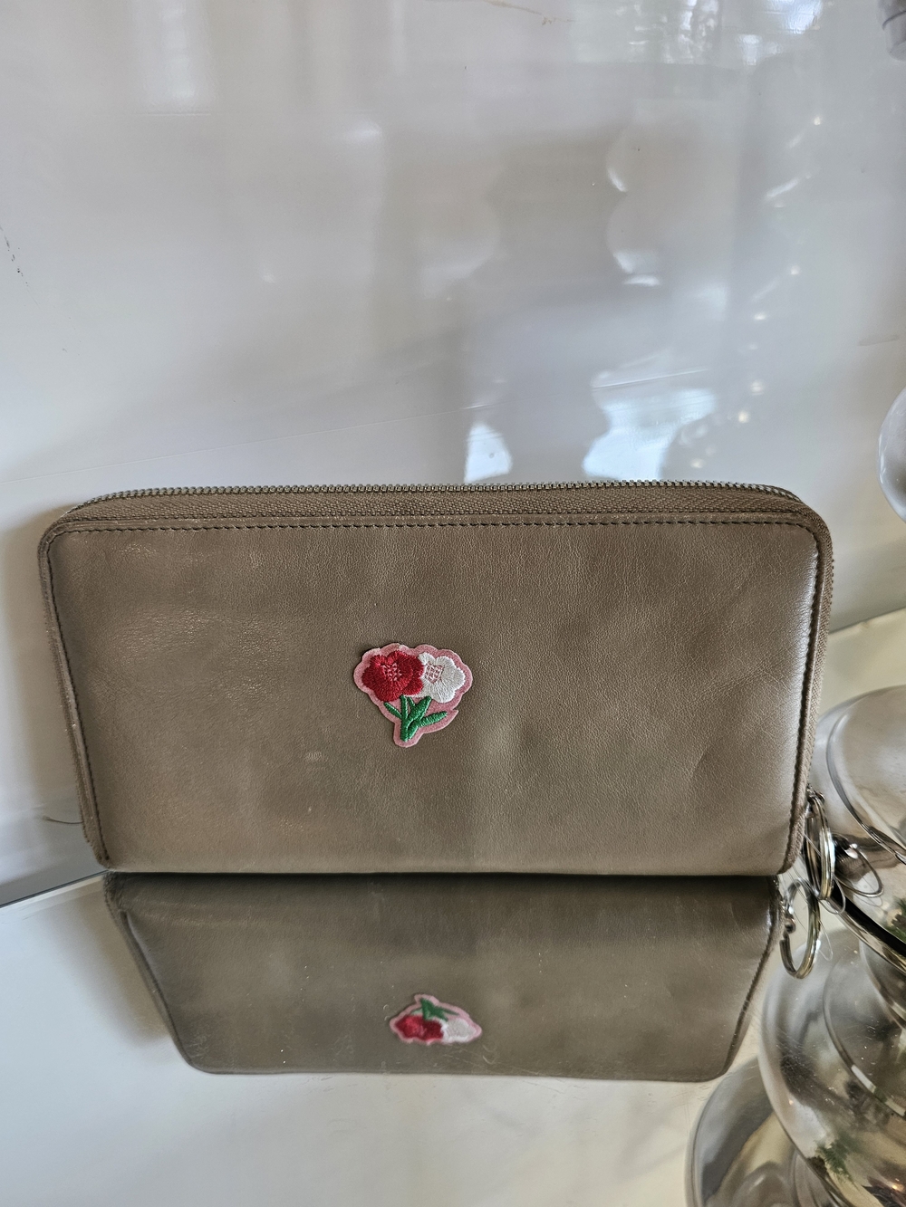 Valentina Taupe Zip-Around Wallet with Pink Floral Patch